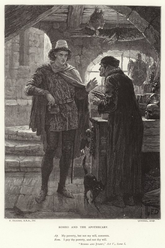 Romeo og apotekeren, Romeo og Julie, akt V, scene I av Frank Dicksee