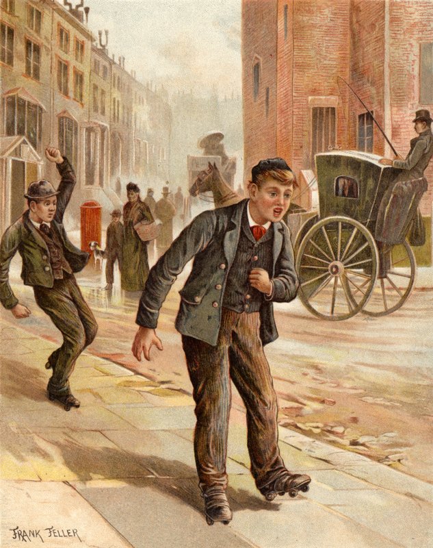 En tvilsom sving, rulleskøyter (chromolitho) av Frank Feller