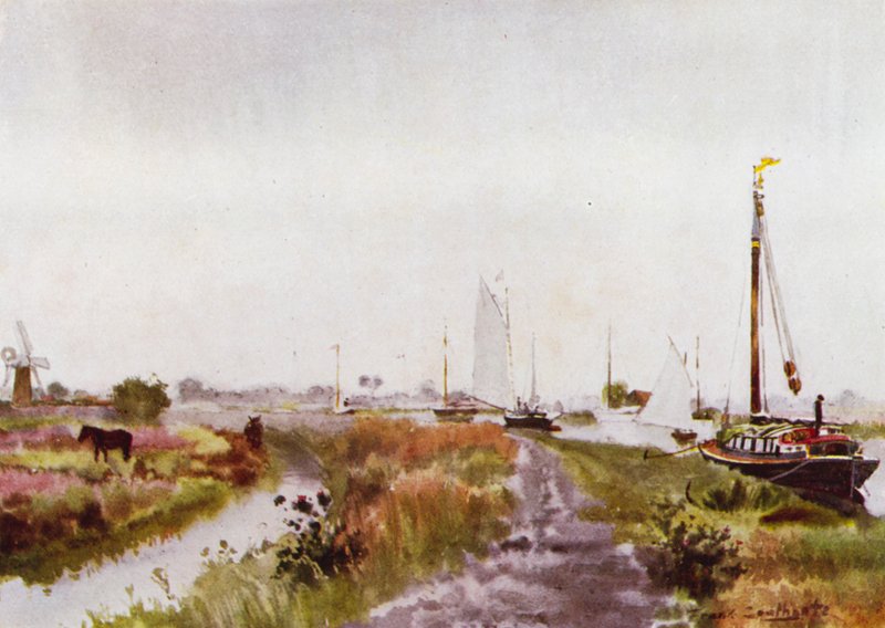 Norfolk Broads: Below Potter Heigham (litho-farge) av Frank Southgate