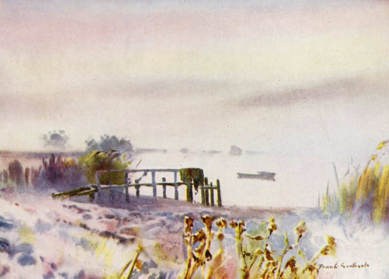 Norfolk Broads: Frosty Sunrise på Ormesby Broad (litho-farge) av Frank Southgate