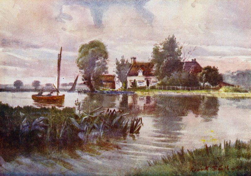 Norfolk Broads: Horning Ferry (litho-farge) av Frank Southgate