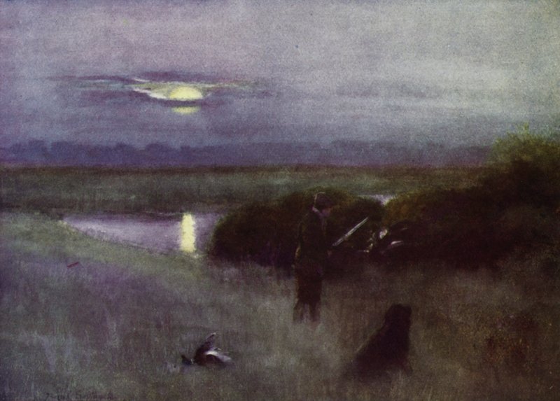 Norfolk Broads: Moonrise, at Flight (farge litho) av Frank Southgate