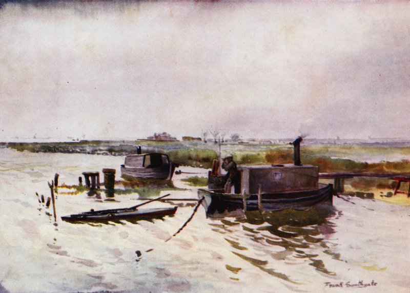 Norfolk Broads: Punt-Gunners' Houseboats på Breydon (farge litho) av Frank Southgate