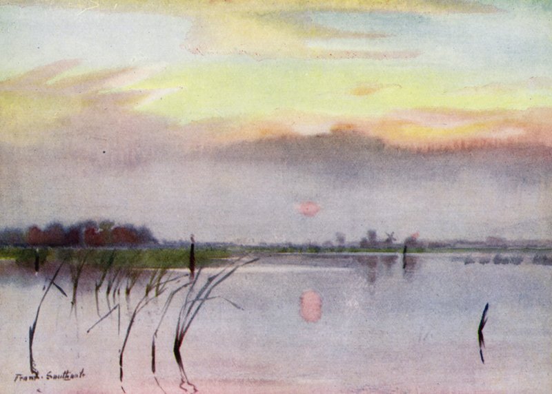 Norfolk Broads: Sunset, Heigham Sounds (litho-farge) av Frank Southgate