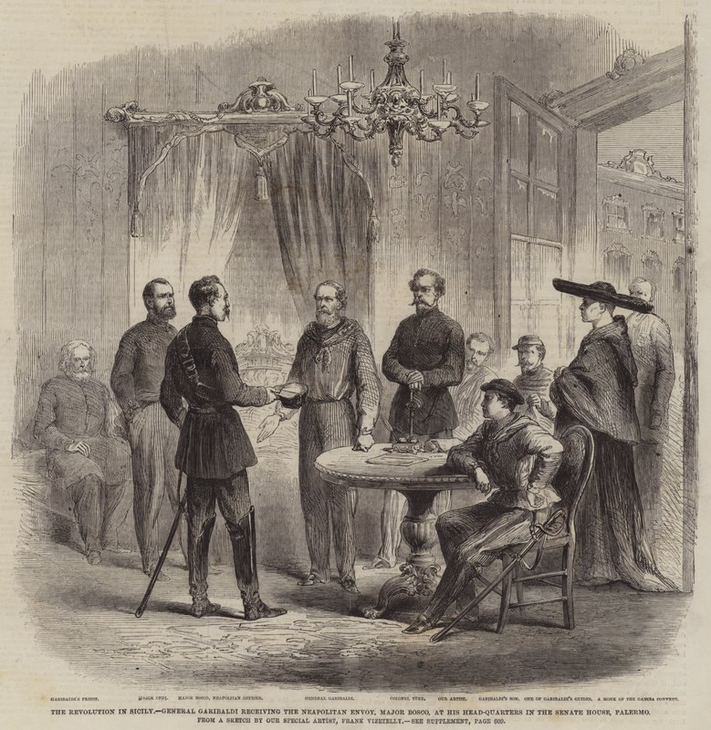 Revolusjonen på Sicilia, general Garibaldi mottok den napolitanske utsendingen, major Bosco, ved sitt hovedkvarter i Senatets hus, Palermo av Frank Vizetelly