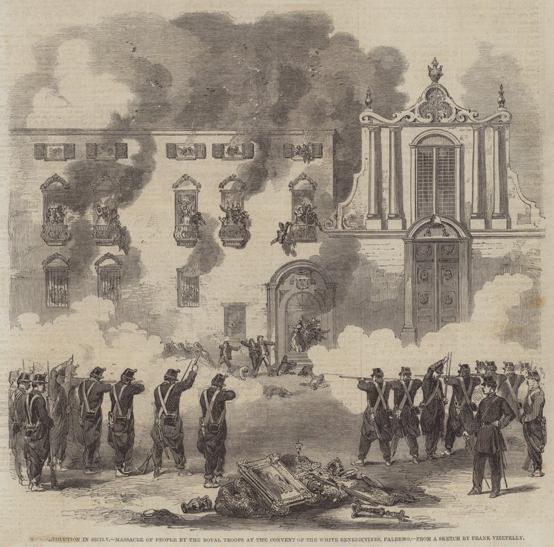 Revolusjonen på Sicilia, massakre på mennesker av de kongelige troppene ved klosteret til de hvite benediktiner, Palermo av Frank Vizetelly
