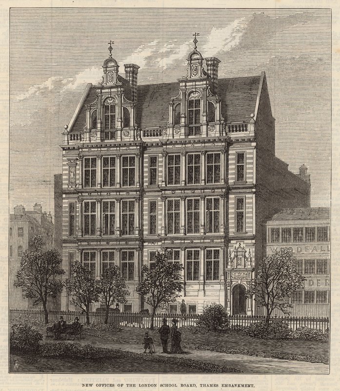 Nye kontorer til London School Board, Thames Embankment (gravering) av Frank Watkins