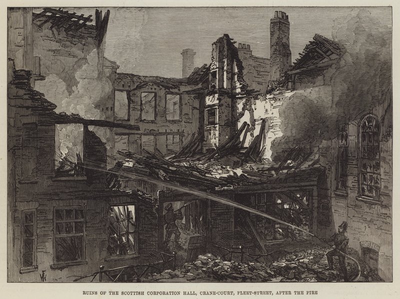 Ruinene av Scottish Corporation Hall, Crane-Court, Fleet-Street, etter brannen av Frank Watkins