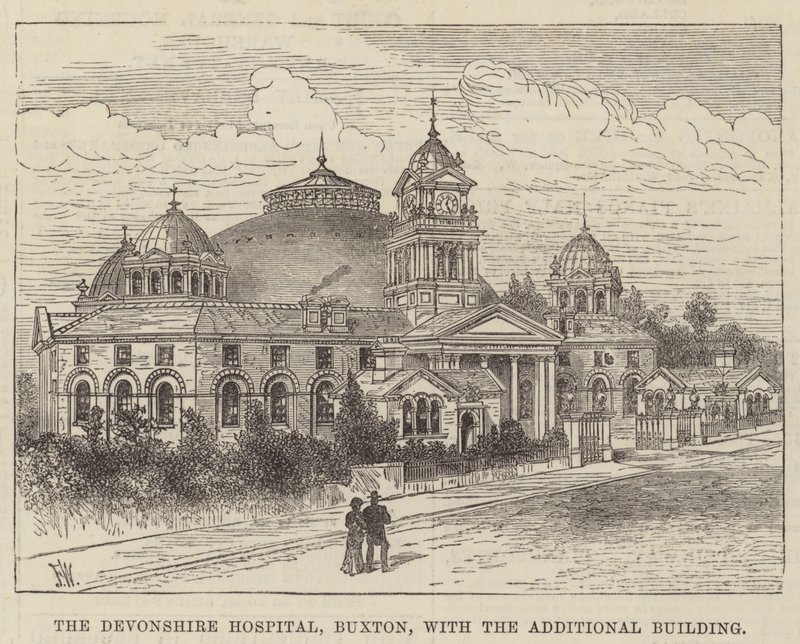 Devonshire Hospital, Buxton, med tilleggsbygningen av Frank Watkins