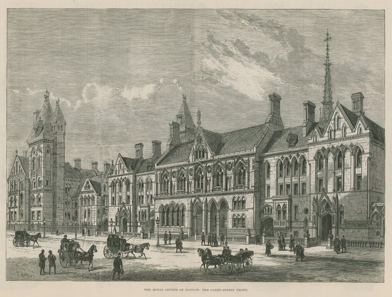 The Royal Courts of Justice: Carey Street-fronten (gravering) av Frank Watkins