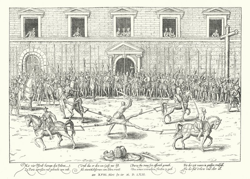 Henrettelse av Jean de Poltrot for drapet på Frans, hertugen av Guise, Paris, 1563 av Franz Hogenberg