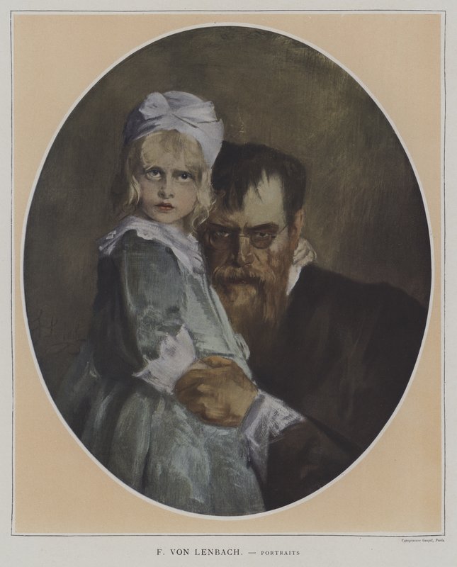 Selvportrett med datter (farge litho) av Franz Seraph von (after) Lenbach