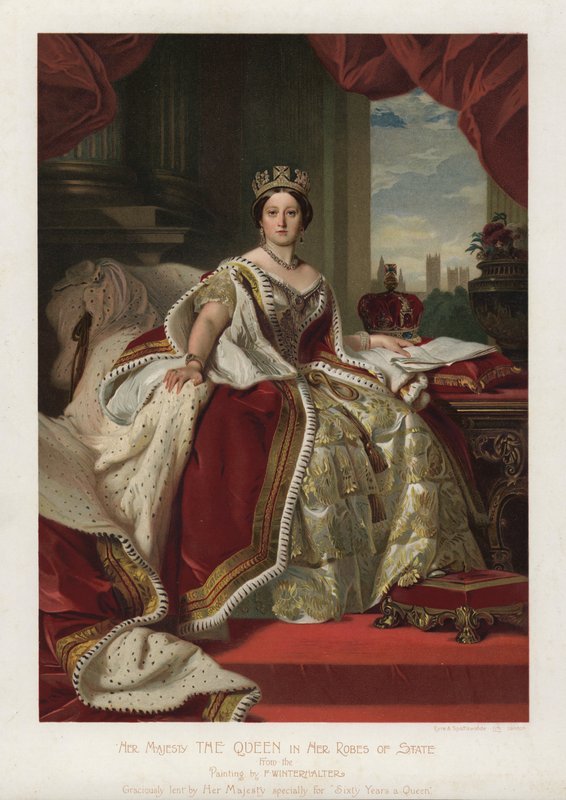 Dronning Victoria i hennes statskåper (farge litho) av Franz Xaver  Winterhalter (after)