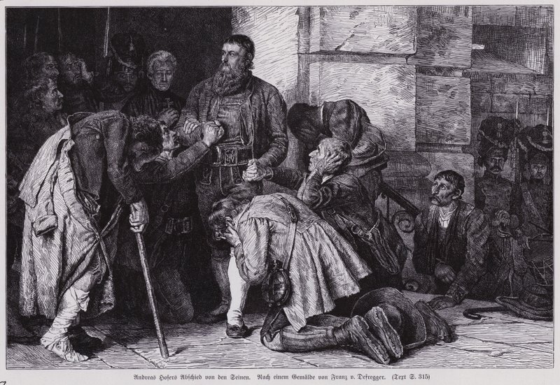 Andreas Hofer, leder av det tyrolske opprøret mot fransk og bayersk okkupasjon, tok farvel med sine tilhengere før han ble ført til Mantua for hans henrettelse av Franz von (after) Defregger