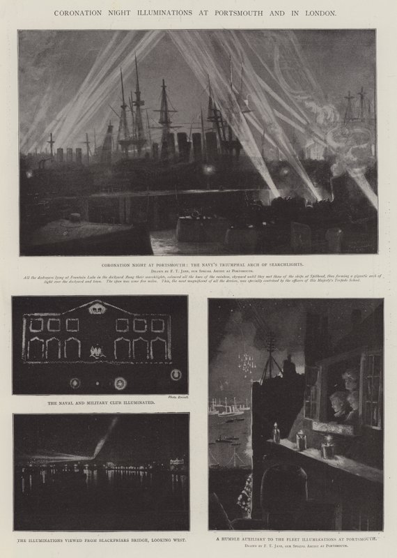 Coronation Night Illuminations i Portsmouth og i London av Fred T. Jane