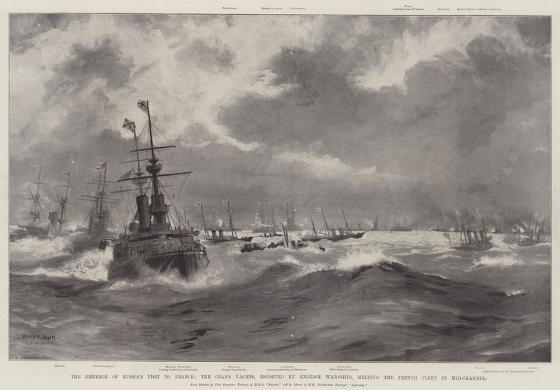 Keiseren av Russlands besøk i Frankrike, tsarens yachter, eskortert av engelske krigsskip, møter den franske flåten i Midt-kanalen av Fred T. Jane