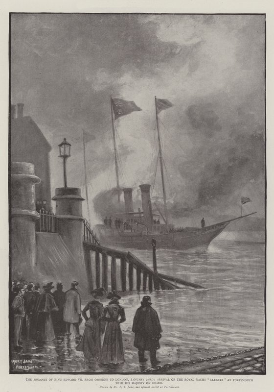 The Journey of King Edward VII fra Osborne til London, 23. januar, Ankomst av Royal Yacht Alberta i Portsmouth med Hans Majestet om bord av Fred T. Jane