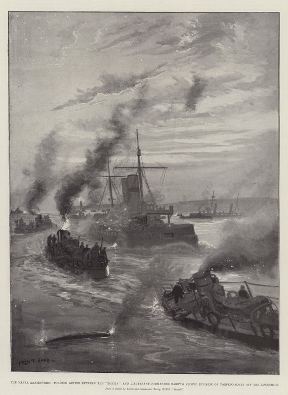 Sjømanøvrene, torpedoaksjon mellom Thetis og løytnant-kommandør Barrys andre divisjon av torpedobåter utenfor langskipene av Fred T. Jane