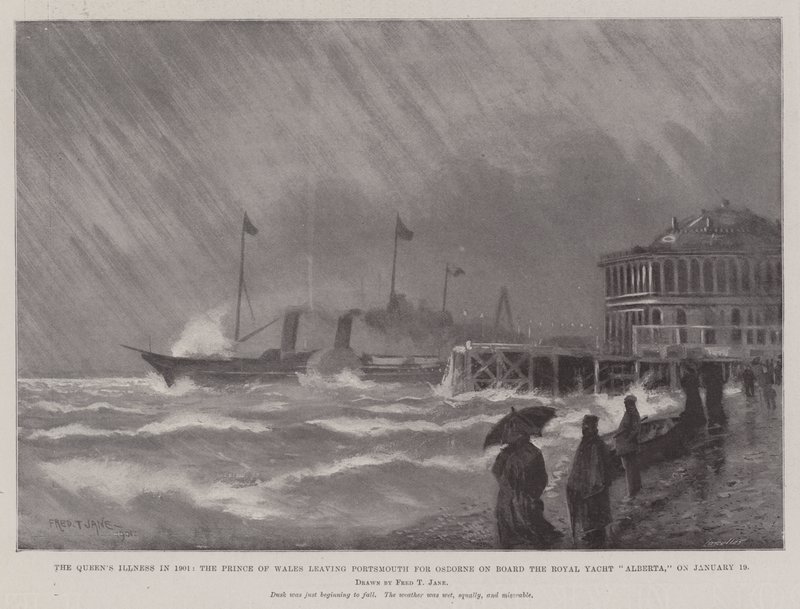 Dronningens sykdom i 1901, prinsen av Wales forlot Portsmouth til Osborne om bord på Royal Yacht Alberta, 19. januar av Fred T. Jane