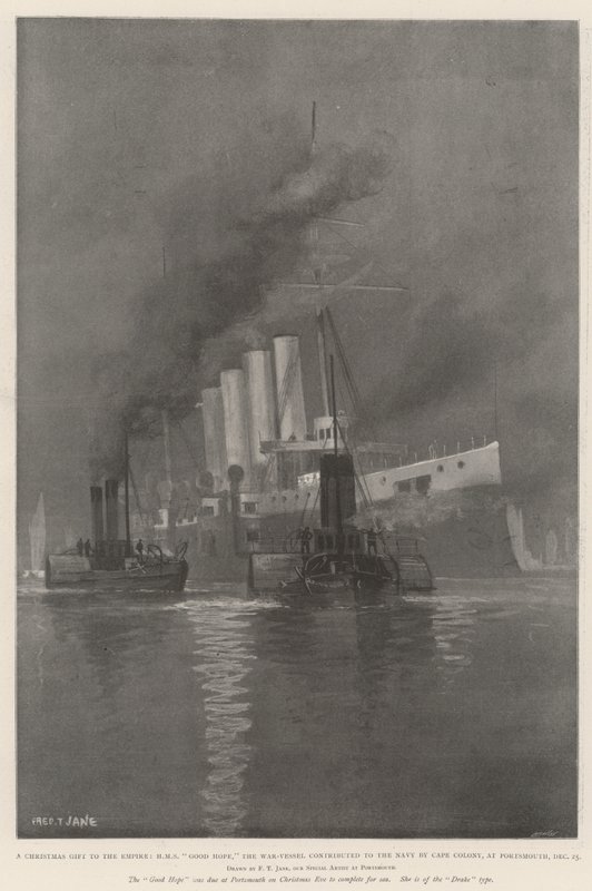 En julegave til imperiet, HMS Good Hope, krigsfartøyet bidro til marinen ved Cape Colony, i Portsmouth, 25. desember av Fred T. Jane