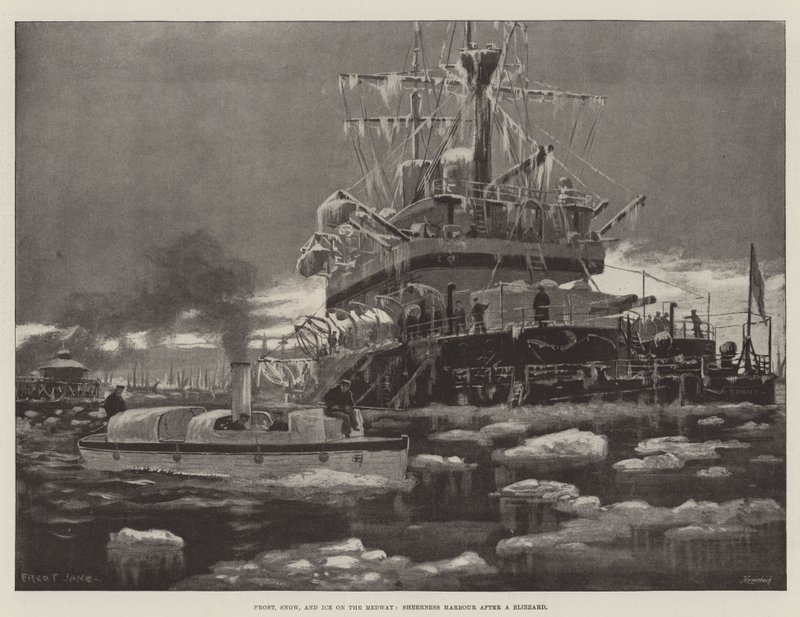 Frost, snø og is på Medway, Sheerness Harbor etter en snøstorm av Fred T. Jane