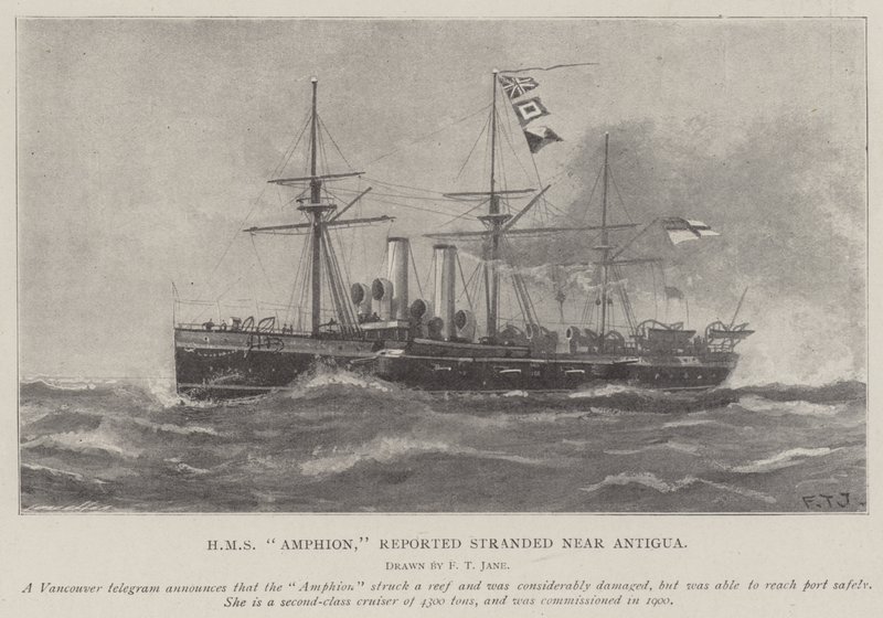 HMS Amphion, rapportert strandet nær Antigua av Fred T. Jane