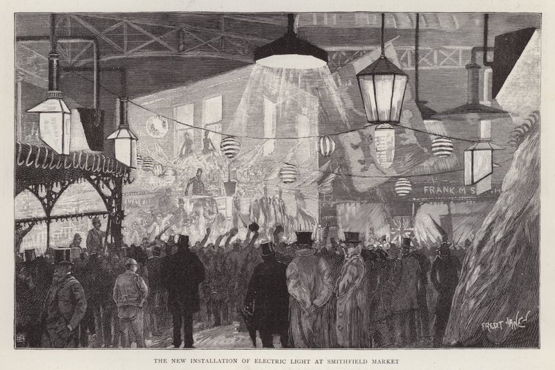 Ny installasjon av elektrisk lys på Smithfield Market, London av Fred T. Jane