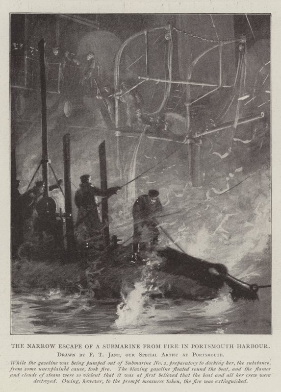 Den smale rømningen av en ubåt fra brann i Portsmouth havn av Fred T. Jane