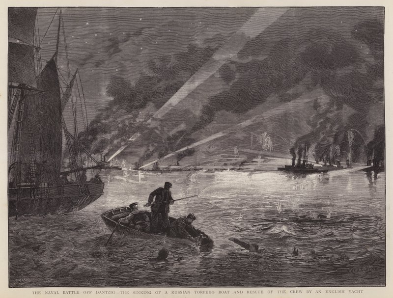 Sjøslaget ved Dantzig: senkingen av en russisk torpedobåt og redning av mannskapet av en engelsk yacht (litho) av Fred T. Jane