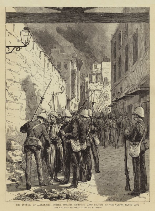 The Burning of Alexandria, britiske marinesoldater arresterer arabiske plyndrere ved Custom House Gate av Frederic Villiers