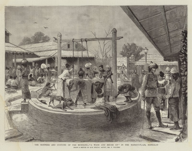 Burmanernes manerer og skikker, en vask og pusse opp på markedsplassen, Mandalay av Frederic Villiers