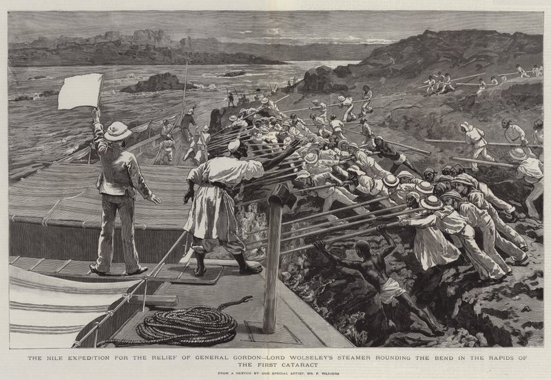 Nile-ekspedisjonen til hjelp for general Gordon, Lord Wolseleys dampbåt som runder svingen i Rapids of the First Cataract av Frederic Villiers