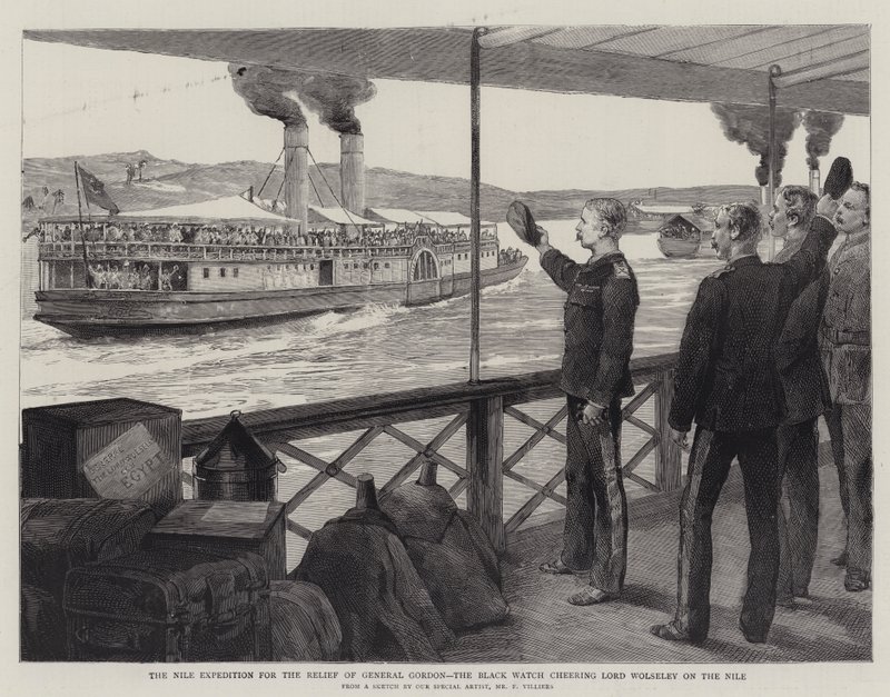 Nile-ekspedisjonen til hjelp for general Gordon, Black Watch som heier på Lord Wolseley på Nilen av Frederic Villiers