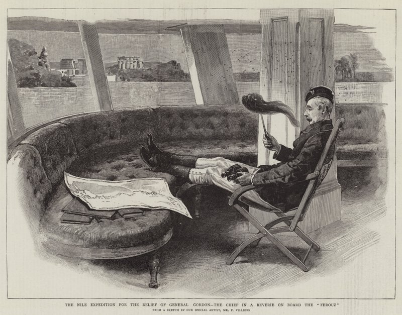 Nile-ekspedisjonen for nødhjelp av general Gordon, sjefen i en drømmer om bord på Ferouz av Frederic Villiers