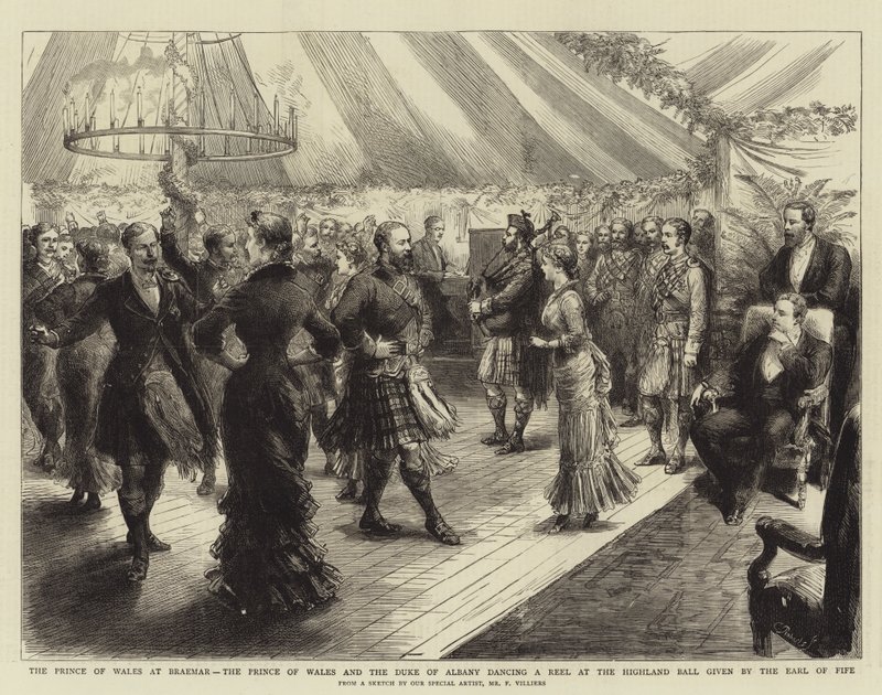 Prinsen av Wales ved Braemar, Prinsen av Wales og hertugen av Albany danser en snelle på Highland Ball gitt av jarlen av Fife av Frederic Villiers
