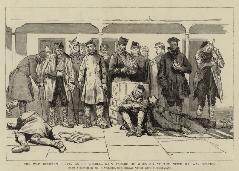 The War between Serbia and Bulgaria, Train Parade of Wounded på Nisch Railway Station av Frederic Villiers
