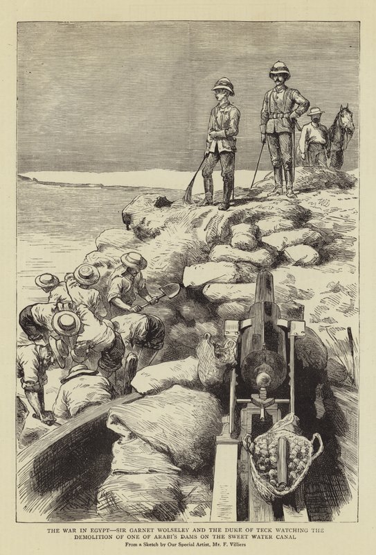 The War in Egypt, Sir Garnet Wolseley og hertugen av Teck ser på rivingen av en av Arabis demninger på Sweet Water Canal av Frederic Villiers