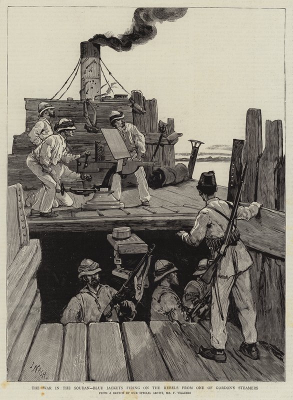 The War in the Soudan, Blue Jackets skyter mot opprørerne fra One of Gordon's Steamers av Frederic Villiers