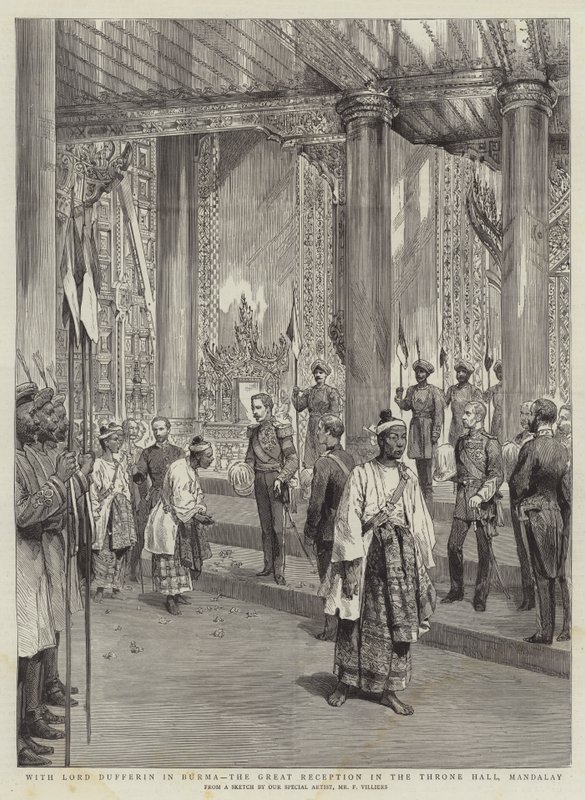 Med Lord Dufferin i Burma, den store mottakelsen i Throne Hall, Mandalay av Frederic Villiers