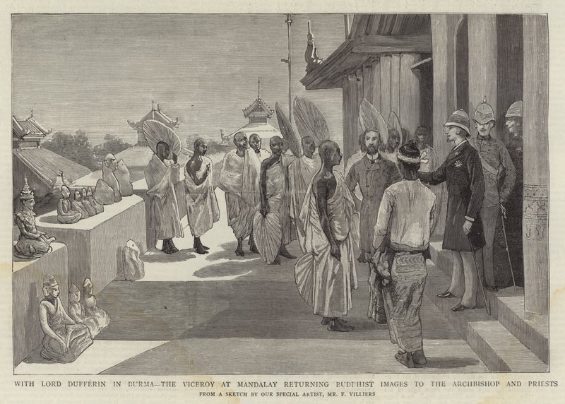 Med Lord Dufferin i Burma, returnerte visekongen i Mandalay buddhistiske bilder til erkebiskopen og prestene av Frederic Villiers
