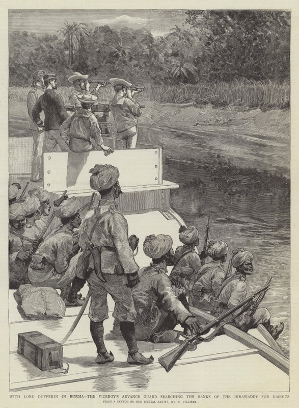 Med Lord Dufferin i Burma, søker visekongens Advance Guard ved bredden av Irrawaddy etter Dacoits av Frederic Villiers