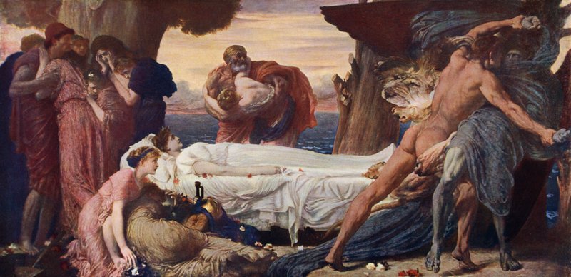 Hercules kjemper med døden for kroppen til Alcestis (farge litho) av Frederic (after) Leighton