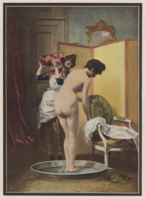 Kvinne ved toalettet hennes (farge litho) av Frederic Dufaux