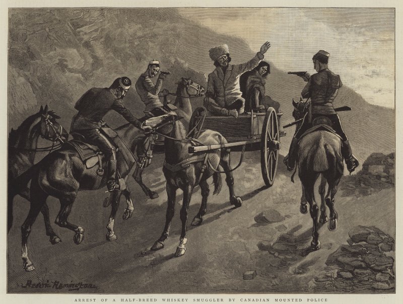 Arrestasjon av en halvrase whiskysmugler av kanadisk beredt politi av Frederic Remington