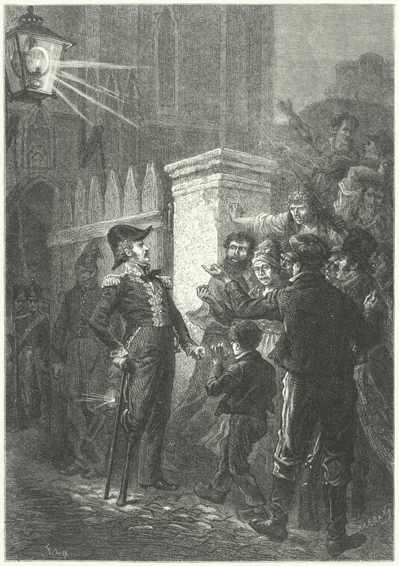 General Daumesnil konfronterer den parisiske mobben utenfor Chateau de Vincennes under den franske revolusjonen i 1830 (gravering) av Frederic Theodore (after) Lix