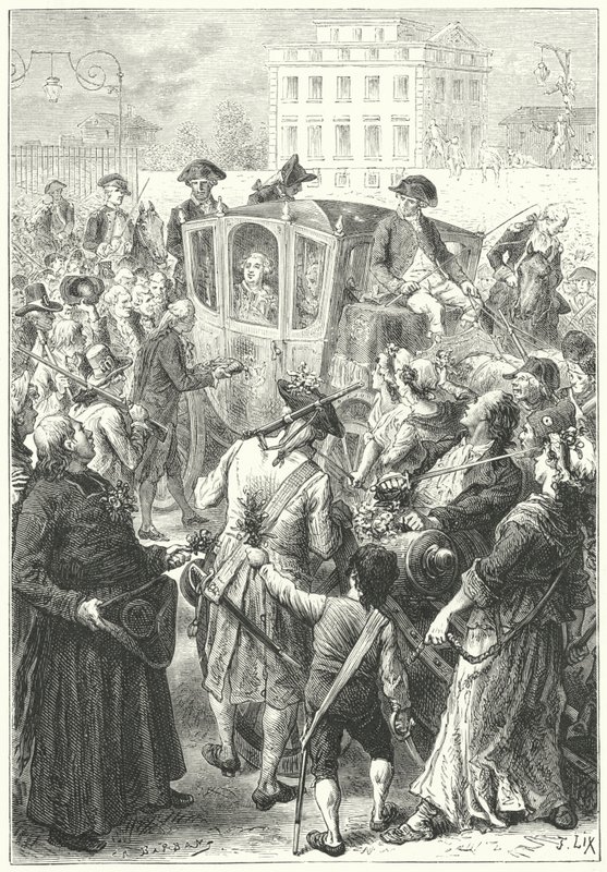 Louis XVI brakt til Paris etter at mobben angrep Versailles-palasset av Frederic Theodore (after) Lix