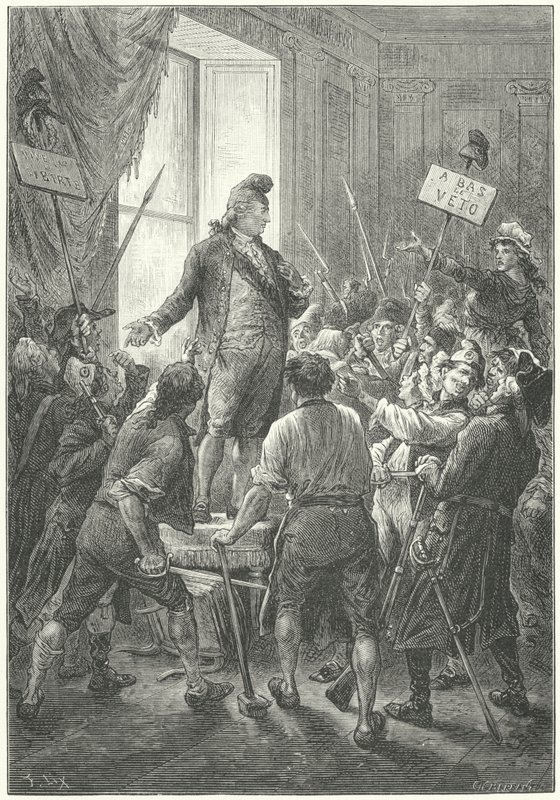 Louis XVI av Frankrike tvunget til å ta på seg en frygisk hette av sans-culottene etter deres invasjon av Tuileries-palasset av Frederic Theodore (after) Lix