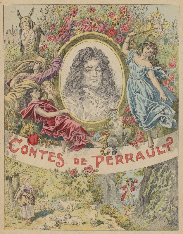Tittelsideillustrasjon for Les Contes de Perrault (farge litho) av Frederic Theodore (after) Lix