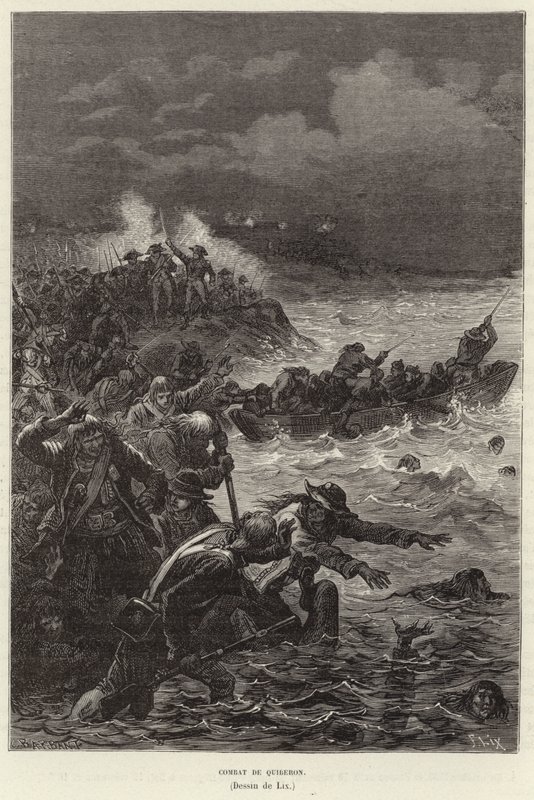Combat de Quiberon. Tilhengere av Chouannerie og Vendee-opprøret som forsøkte å flykte fra republikanske styrker ved Quiberon, Frankrike, den franske revolusjonen av Frederic Theodore Lix