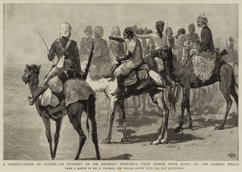 En konsultasjon av guider, en hendelse av Sir Herbert Stewarts første mars fra Korti til Gakdul-brønnene av Frederic Villiers